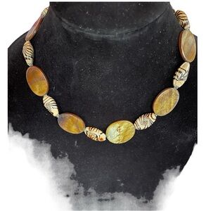 Vintage Donna Dressler Tan Oval Stripe Swirl Bead Necklace w Signed 925 Silver